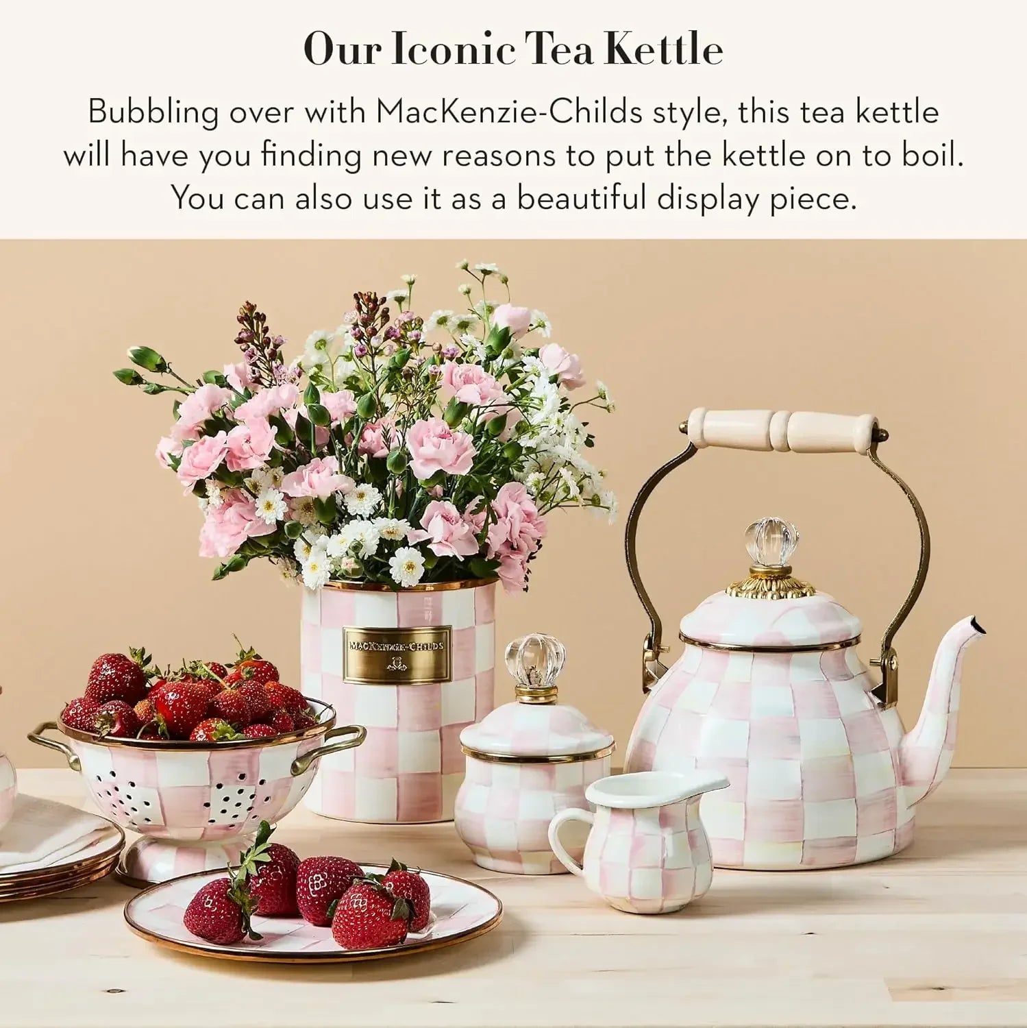 Enamel Tea Kettle – Pink Check (2QT)