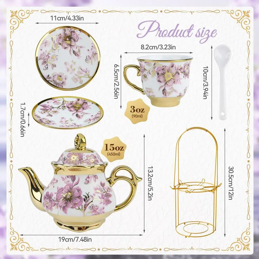 Porcelain Tea Set w/ Holder – Flower Design
