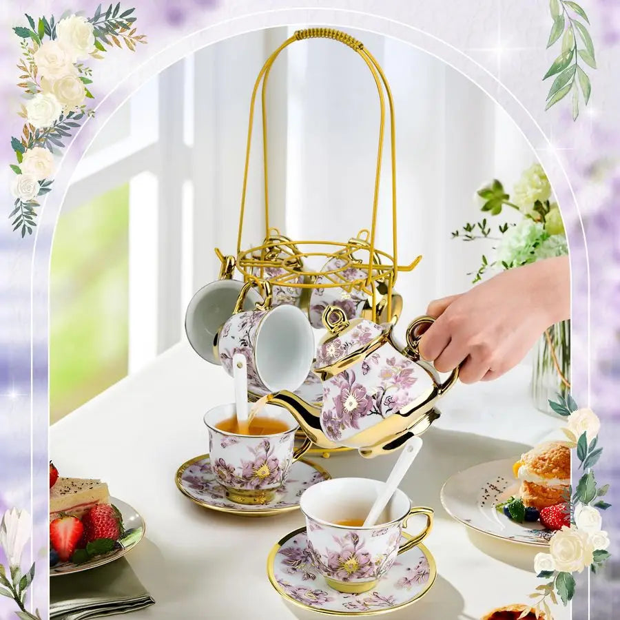 Porcelain Tea Set w/ Holder – Flower Design