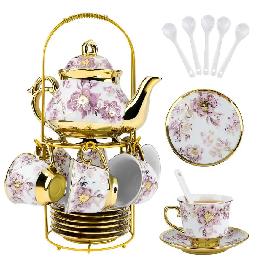 Porcelain Tea Set w/ Holder – Flower Design