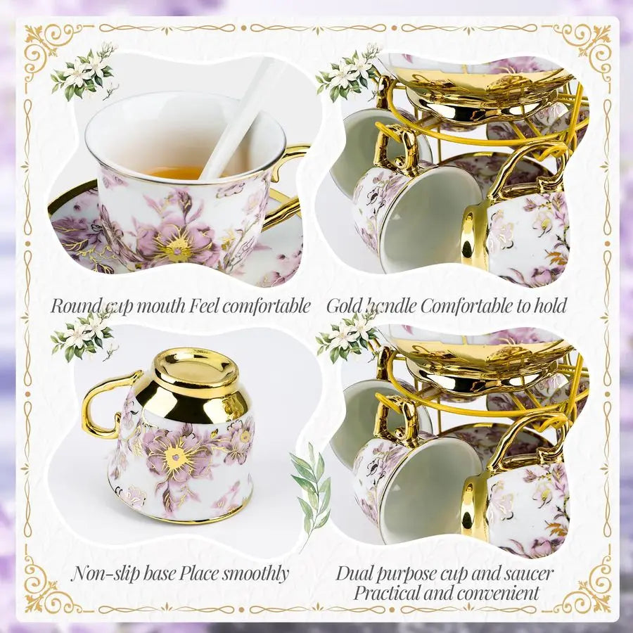Porcelain Tea Set w/ Holder – Flower Design