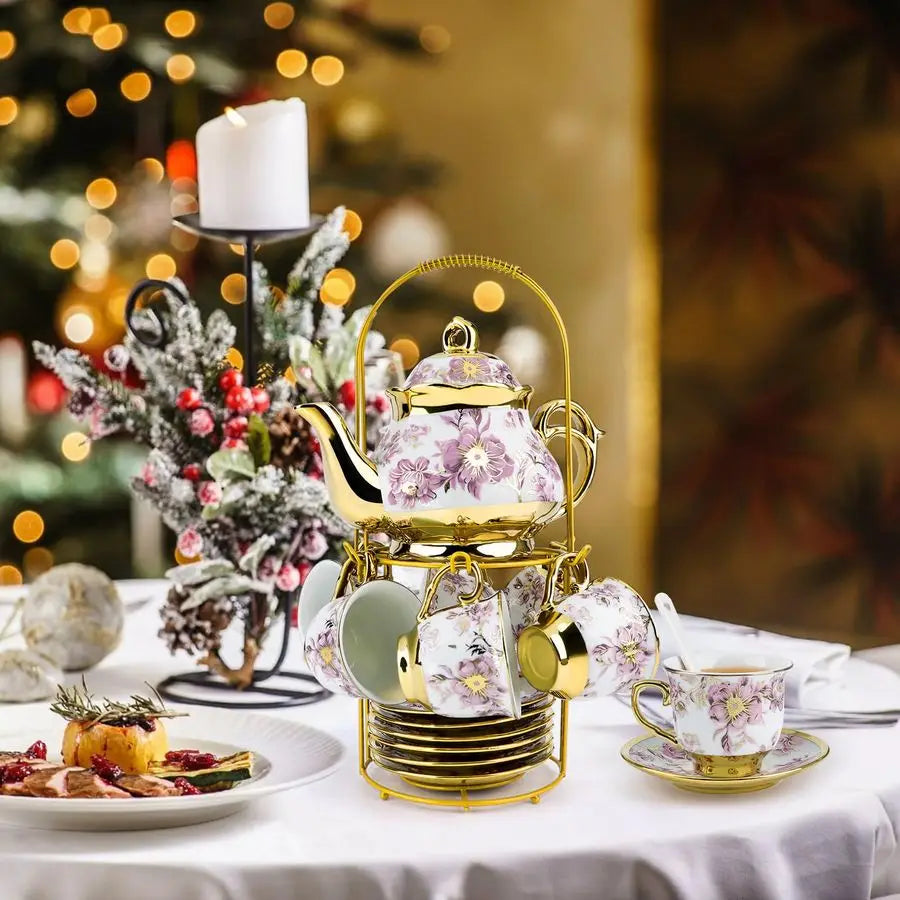 Porcelain Tea Set w/ Holder – Flower Design