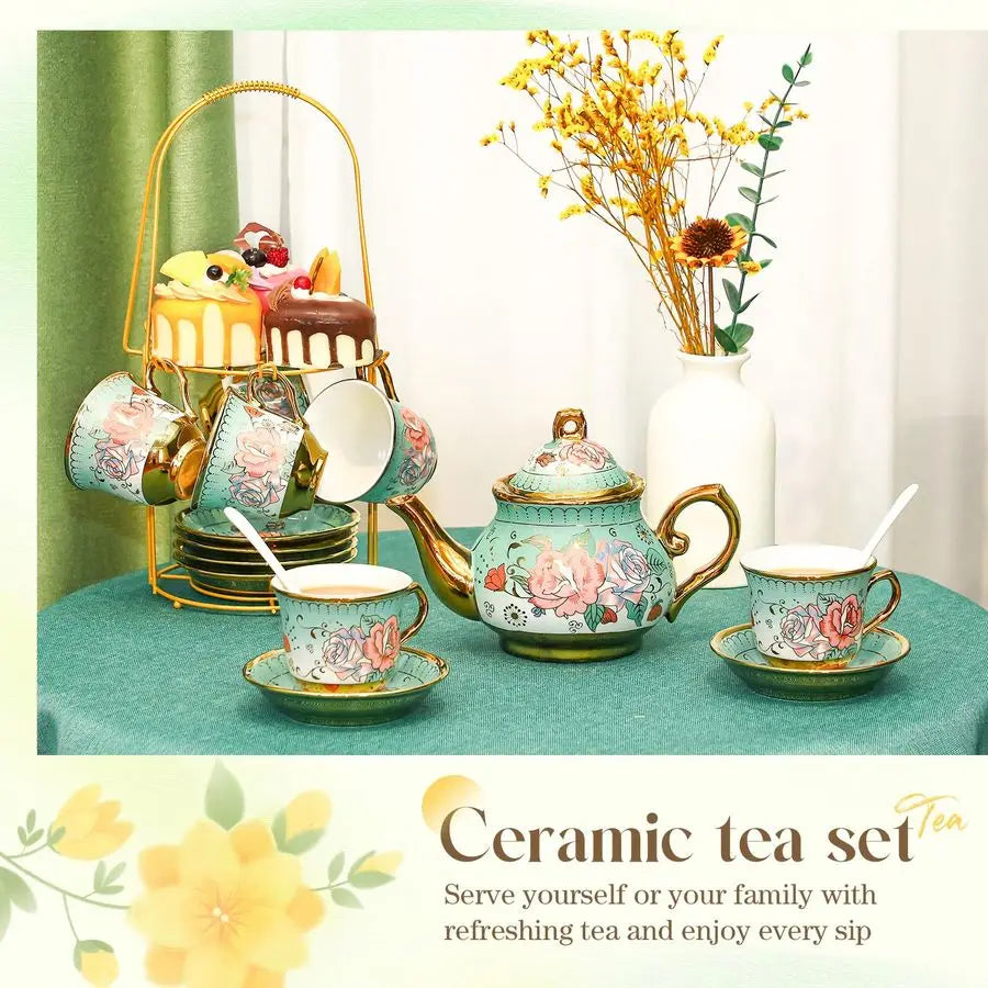 Porcelain Tea Set w/ Metal Holder & Spoon