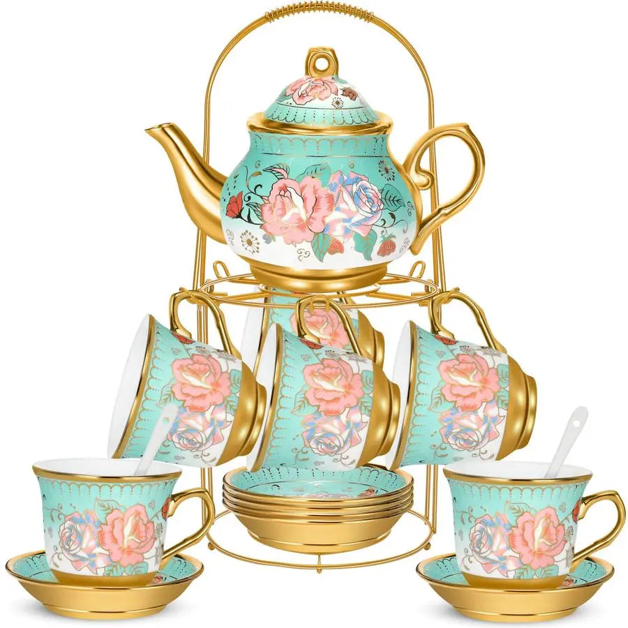 Porcelain Tea Set w/ Metal Holder & Spoon