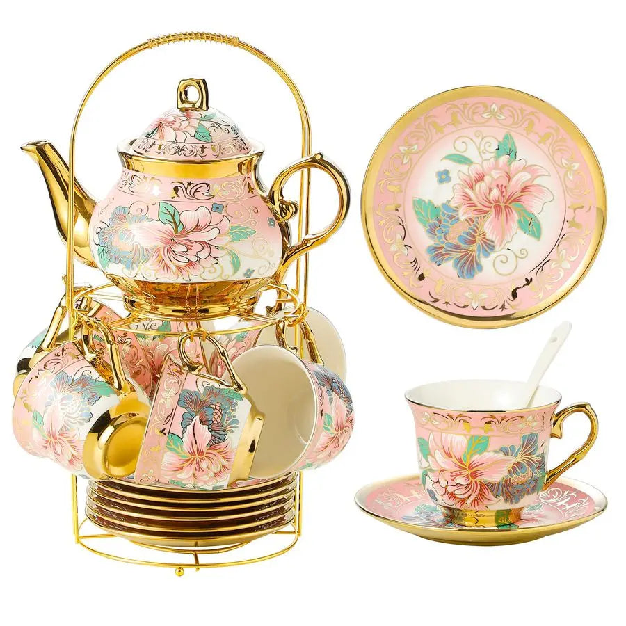 Porcelain Tea Set w/ Metal Holder – Floral