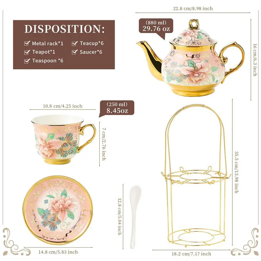 Porcelain Tea Set w/ Metal Holder – Floral
