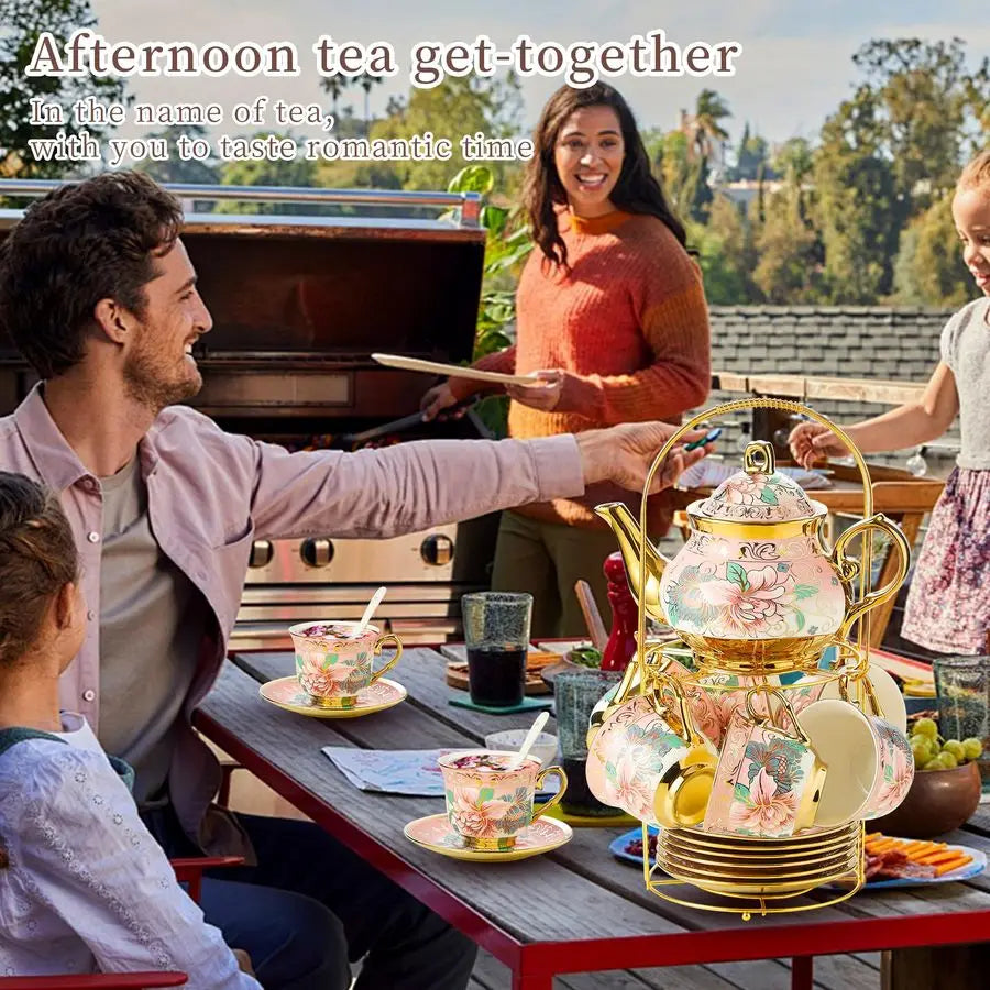 Porcelain Tea Set w/ Metal Holder – Floral