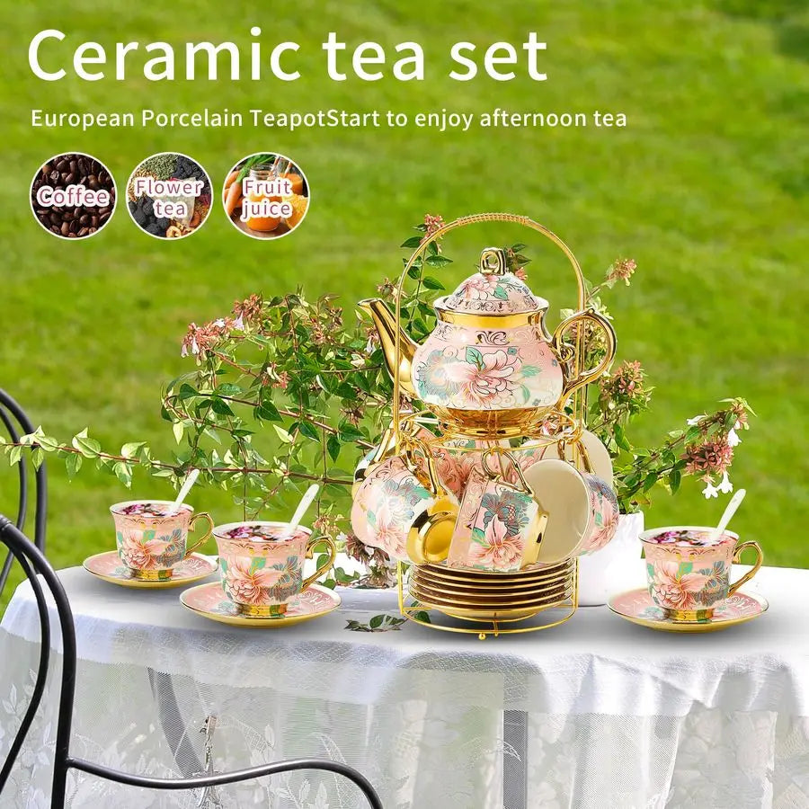 Porcelain Tea Set w/ Metal Holder – Floral