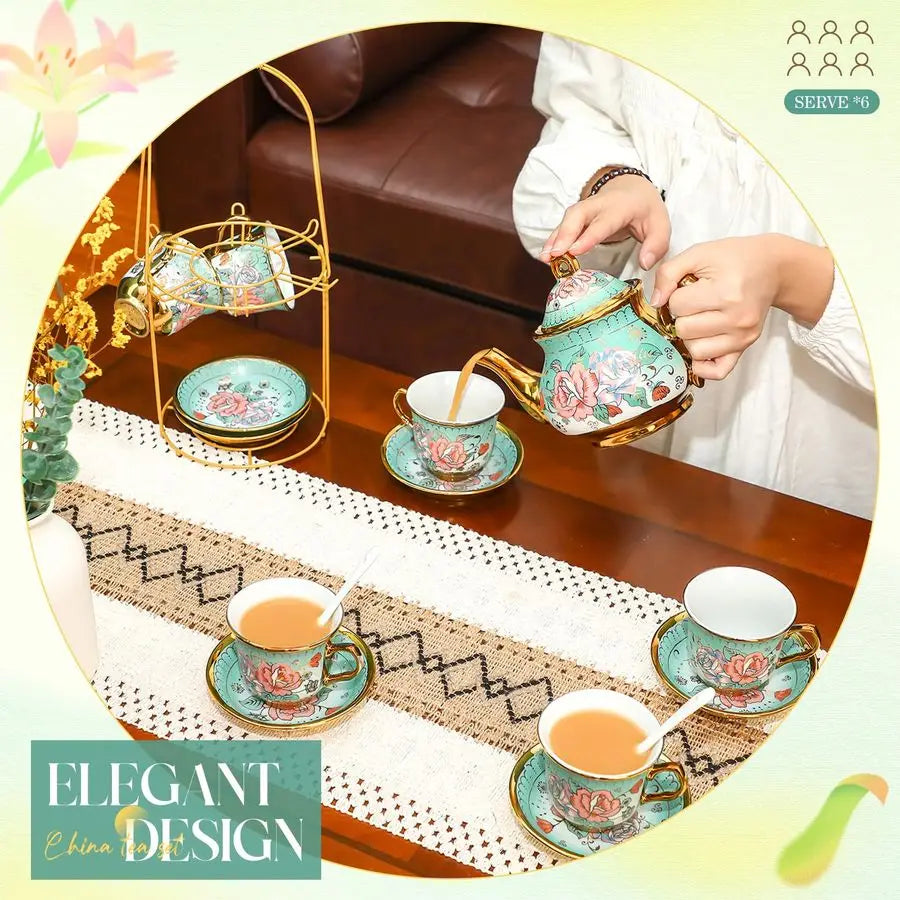 Porcelain Tea Set w/ Metal Holder & Spoon